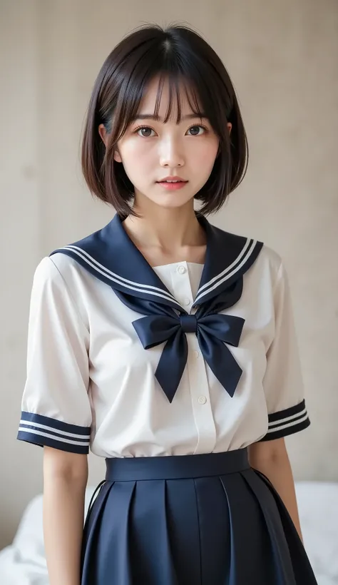 8k,Ultra High Resolution , Best Quality, masterpiece,rule of thirds,golden ratio,surreal,pictures, one woman,( girl:1.3),cute,cute顔, Beautiful Eyes in Every Detail , 細かくdetails,mature woman,Princess,Full body,black hair,Short Bob,ID photo, luxurious and be...