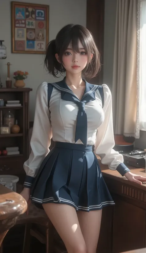 8k,Ultra High Resolution , Best Quality, masterpiece,rule of thirds,golden ratio,surreal,pictures, one woman,( girl:1.3),cute,cute顔, Beautiful Eyes in Every Detail , 細かくdetails,mature woman,Princess,Full body,black hair,Short twin tail hair,ID photo, luxur...