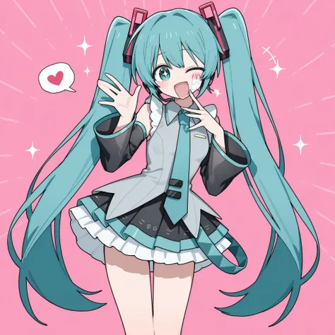 Hatsune Miku, very long hair, twintails, look over here、Charming Gesture 、1 person、 open your mouth and smile、happy expression、Channel style、Channel style、high definition、describe the facial features well、above thigh、soft light（Asahi and、sparkling light）、L...