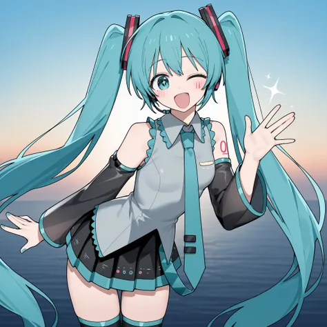 Hatsune Miku, very long hair, twintails, look over here、Charming Gesture 、1 person、 open your mouth and smile、happy expression、Channel style、Channel style、high definition、describe the facial features well、above thigh、soft light（Asahi and、sparkling light）、L...