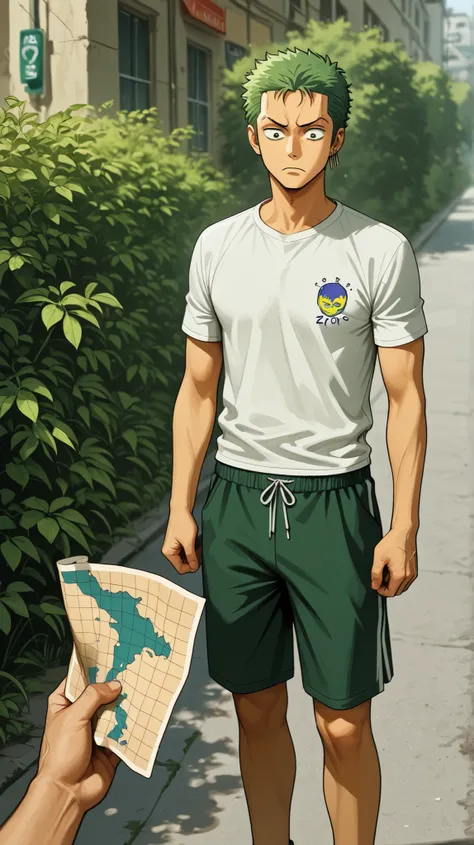 Image of Zoro wearing a short sleeve shirt and shorts, with a map in his hand and looking lost. the background is a busy street, with Zoro standing, Looking confused , with the surrounding vegetation of northern Brazil.