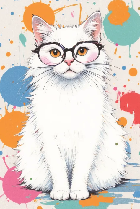 fusion of watercolor, acrylic  art, style depicting (a cat of the white Angora breed) A cute white cat with a dumb look on its face, wearing small round glasses, pop art illustration