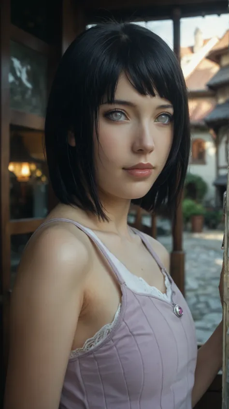 A front-facing close-up portrait of Hinata Hyuga. The composition is perfectly symmetrical, with the face divided vertically into two distinct artistic styles. The left half is rendered in the character's original visual style —Sousou no Frieren character ...