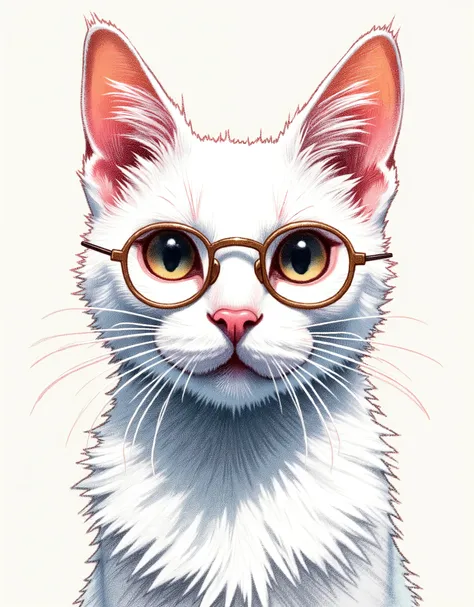 Create a fusion-style artwork blending watercolor and acrylic techniques, depicting a white Angora cat with a blank, humorous expression. The cat wears small round glasses, giving it a quirky, intellectual charm. Focus on sleek fur rather than fluffiness, ...