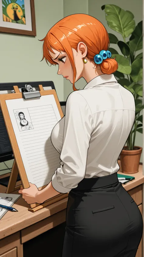 Animated image of Nami from the anime One Piece with a drawing board and pen, jotting down names in a notebook. She is in a simple office environment, maybe in the kitchen of a Brazilian house, with typical details such as a plant and kitchen utensils in t...