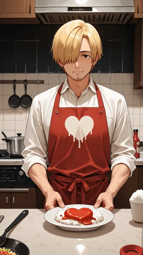 Image of Sanji wearing an apron, serving a plate of rice with ketchup in the shape of a heart. He is in a kitchen with simple decoration, and in the background there is a counter with plates and kitchen utensils.