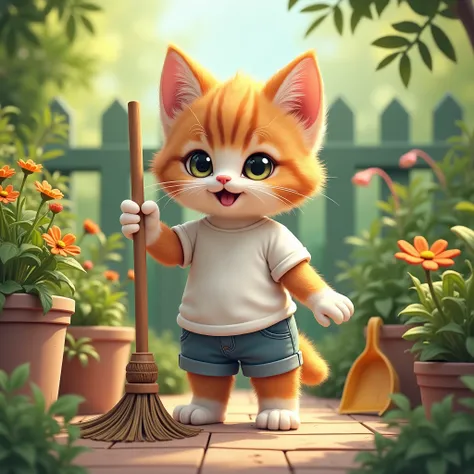 baby cat drawn in size 25 ,1 cute kitten,A cat is standing on two legs,smile,eyes look like beautiful marbles,Fluffy and detailed kitty coat,Don't blur the background,Kitten cleaning the garden,Garden kitten holding a bamboo broom,A dustpan is placed,A kit...