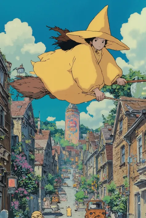 the girl in the flying wizard riding a broom,wizards and magic cube box with hanging and triangular deep yellow hats , wearing deep yellow wizard robe, mixed fantasy art ,Detail shot, Very Detailed Information , Full page illustration , EXTRA FINE INK DETA...