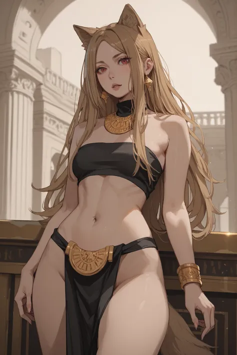 1 girl, loose light brown hair, parted bangs, red iris, wolf ears, wolf tail, voluptuous, small breasts, black tube top, black loincloth, gold accessories, underground coliseum arena, dark