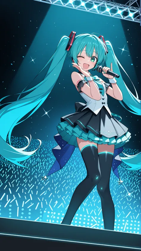 Hatsune Miku, very long hair, twintails, look over here、Charming Gesture 、1 person、 open your mouth and smile、happy expression、Channel style、Channel style、high definition、describe the facial features well、idol stage performance, cheerful smile, winking, id...