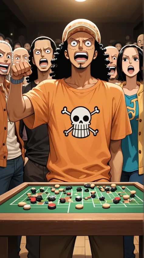 Usopp do anime One Piece , in casual clothes, with an exaggerated pose of confidence, speaking to a group of people . He is surrounded by a crowd, and the background may have a table with board games and a TV in the background, representing an informal en...