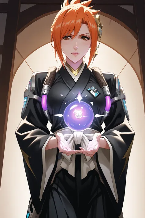 Masterpiece, ultra-detailed, 4K, HD, cinematic lighting, semi-realistic style, perfect face, perfect hands, perfect eyes, ((Cowboy shot)), (((Moira from Overwatch reimagined as an elite officer of the 4th Division in Bleach))). Tall and lean figure, elegan...