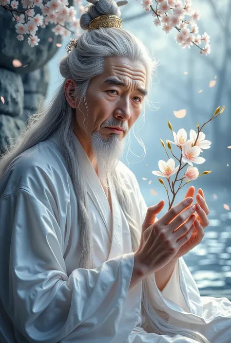 A majestic ancient Chinese king, wisps of long white hair framing his gentle features, sits in quarter profile against a serene backdrop of shimmering light blue and white stones. His eyes, soft as morning mist, gaze tenderly at the delicate cherry blossom...