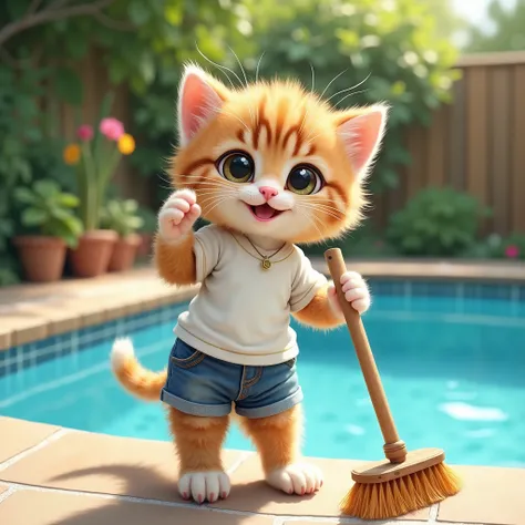 baby cat drawn in size 25 ,1 cute kitten,A cat is standing on two legs,smile,eyes look like beautiful marbles,A、A furry kitten,Don't blur the background,A kitten is cleaning the pool,kitten that looks like it's in a real car is scrubbing the pool side wi...