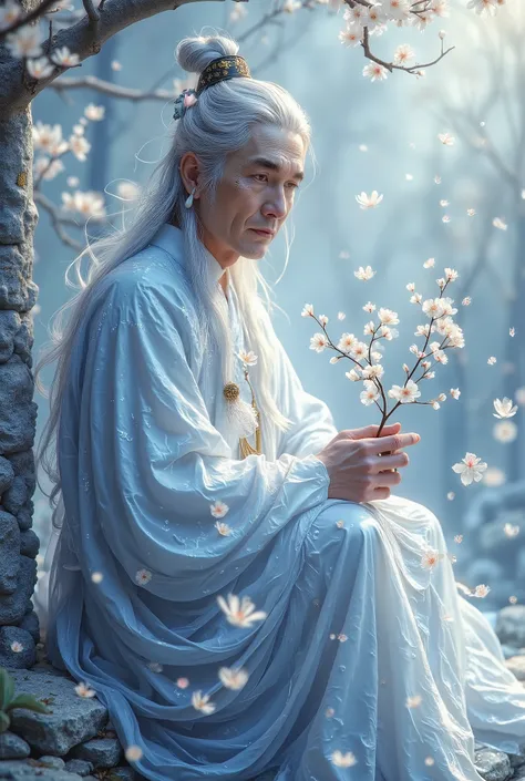 A majestic ancient Chinese king sitting on a light blue-white stone edge very near the water, wisps of long white hair framing his gentle features, sits in quarter profile against a serene backdrop of shimmering light blue and white stones. His eyes, soft ...