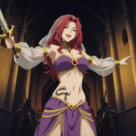 wearing edgMes,harem outfit, navel,jewelry,dancer veil,Malty Melromarc (The Rising of the Shiel) beautiful body,athletic body, beautiful breasts, ,visible private parts , ultra detailed image, anime image ,girl, anime malty,  excitement, red hair, green ey...