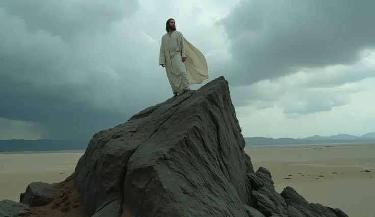 Imagine a cinematic scene, impressive, extremely realistic, close up, enigmatic textures and winds, OF
Jesus on top of a rock