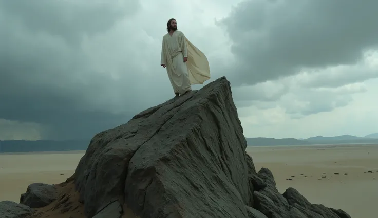 Imagine a cinematic scene, impressive, extremely realistic, close up, enigmatic textures and winds, OF
Jesus on top of a rock