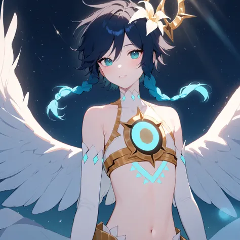 masterpiece,best quality,very aesthetic,absurdres,1boy,venti_/(archon/)_/(genshin_impact/),male_focus,detailed_eyes,(gnns:0.25),white feathered_wings,white halter crop top,white shorts,hair_flower,midriff,black blue hair gradient,dsmile,((flat chest)),slen...