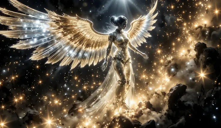 A mechanical angel descends from the heavens, its wings shimmering with iridescent light and intricate mechanical details. The angel wears a gown of interlocking gears and wires, adorned with glowing neon accents. The background features a blend of deep bl...