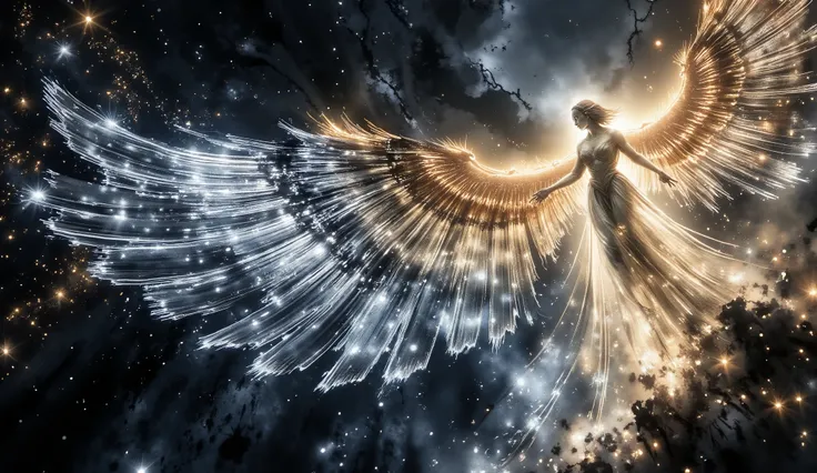 A majestic seraphim with flowing striped wings, each feather intricately patterned with glowing celestial stripes, floating in a surreal, ethereal space filled with shimmering particles and soft light. The background features a blend of deep blues and gold...