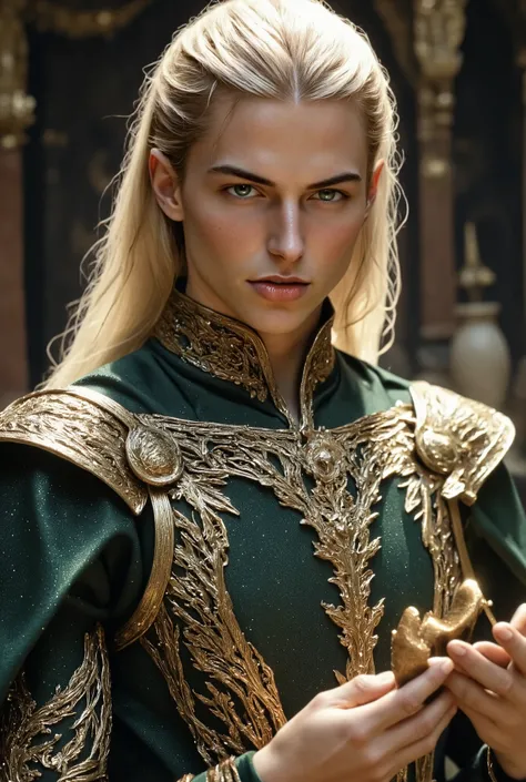 slicked back hairの絶世美男子はエルフ、Precise hands and fingers and a beautiful face、Beautiful green eyes（A 30-year-old man with beautiful, smooth white silk skin laughs）long pointed elf ears