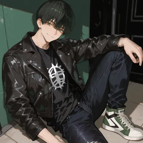 German boy, smile, short black hair, green eyes, black t-shirt, leather jacket, dark jeans, sneakers
