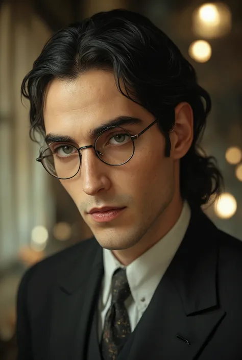A tall, fit, 32-year-old man with narrow glasses with thin dark frames, long black hair pulled back in a low ponytail and gray eyes, dressed in a black business suit with a tie and a white shirt, aristocratic features and high intelligence.