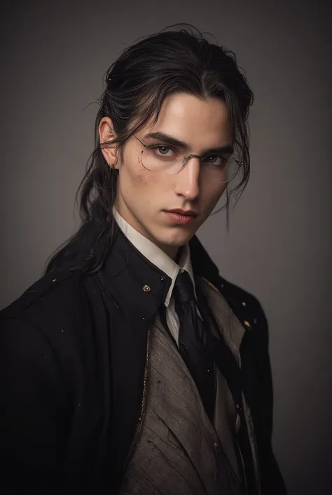 A tall, fit, 32-year-old man with narrow glasses with thin dark frames, long black hair pulled back in a low ponytail and gray eyes, dressed in a black business suit with a tie and a white shirt, aristocratic features and high intelligence.