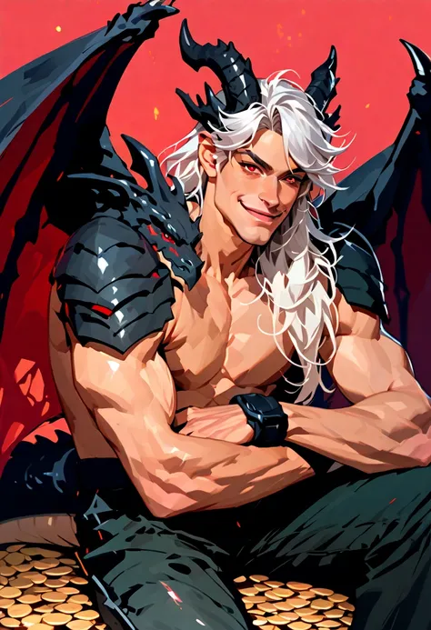 1 male with two hemipenises, Anime illustration semi-realism of Chinese human dragon hybrid male, crooked grin, smirk, semi realistic, shirtless, topless, without shirt, (((without pants, without trousers))), muscular, (((super broad shoulders, broad shoul...