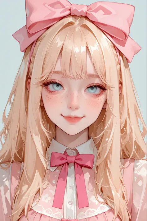 A beautiful girl, very cute and delicate. She has long, light blonde hair with bangs, light blue eyes, fair skin, small and cute breasts, and a pink bow on her head. Smiling in a cute way, she also has freckles on her cheeks.