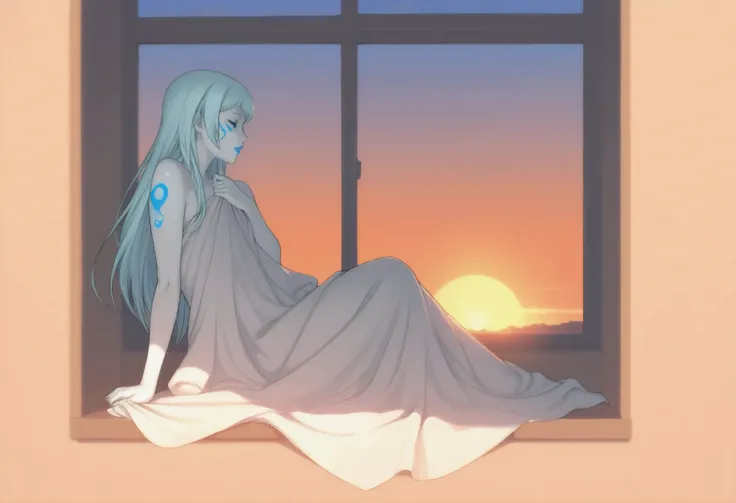 Jarael, alabaster white skin, blue tattoos, facial mark, blue lips, in front of a window, covering herself with a sheet, sunset, evening sun silhouetting her, in profile, elegant, beautiful, extremely detailed, full body, serene, peaceful, open eyes