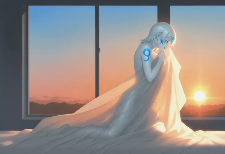Jarael, alabaster white skin, blue tattoos, facial mark, blue lips, in front of a window, covering herself with a sheet, sunset, evening sun silhouetting her, in profile, elegant, beautiful, extremely detailed, full body, serene, peaceful, open eyes