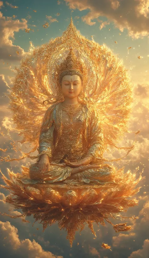 A celestial Buddhist Bodhisattva, floating on a lotus in the sky, surrounded by golden light, intricate mandala patterns in the background, hyper-detailed robes and serene expression, 8K ultra-HD."**