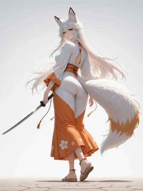 ((Best Quality)),( super high definition),(Super detailed),( detailed description ),((The best CG)),(masterpiece),(fox girl, orange color costume,reversed. White color, flat sandals),full body,white background, The fox girl equipped on Katana,from back