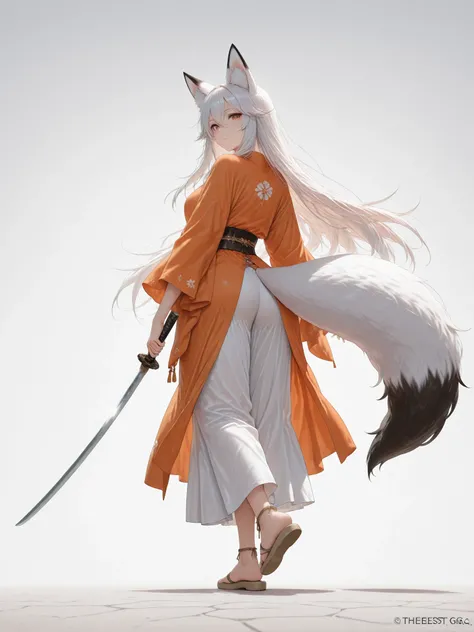 ((Best Quality)),( super high definition),(Super detailed),( detailed description ),((The best CG)),(masterpiece),(fox girl, orange color costume,reversed. White color, flat sandals),full body,white background, The fox girl equipped on Katana,from back