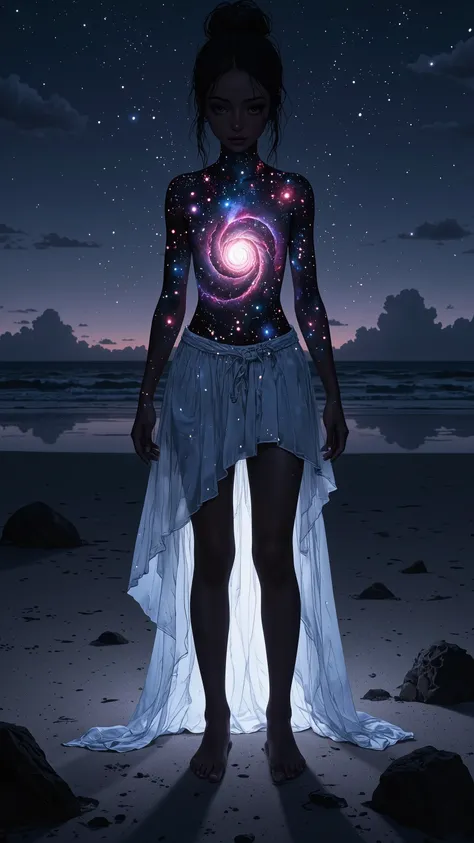 A beautiful girl wearing a white dress stands alone on the beach at night,
her whole body is glowing dimly white,
the inside of her torso is a pitch black universe in which a spiral galaxy slowly rotates,
a beautiful girl with a galaxy inside her body,
the...