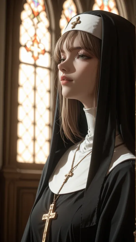 1girl, solo, alone, nun, cross necklace, dark_art_style, masterpiece, highres