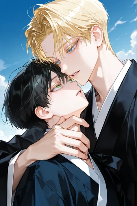 (1 man, young, beauty, refined beauty, innocent, ((black hair, green eyes)), droopy eyes, delicate eyelashes, delicate, melancholic, black Hanbok.),
(1 man, 25years old, handsome, sexy, ((gold blond hair, short hair, blue eyes)), sharp and cold eyes, Hanb...