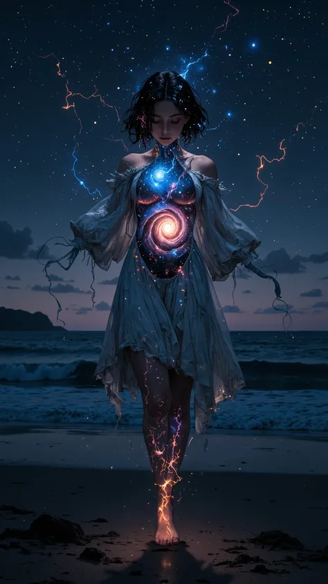 A beautiful girl wearing a white dress stands alone on the beach at night,
her whole body is glowing dimly white,
the inside of her torso is a pitch black universe in which a spiral galaxy slowly rotates,
a beautiful girl with a galaxy inside her body,
the...