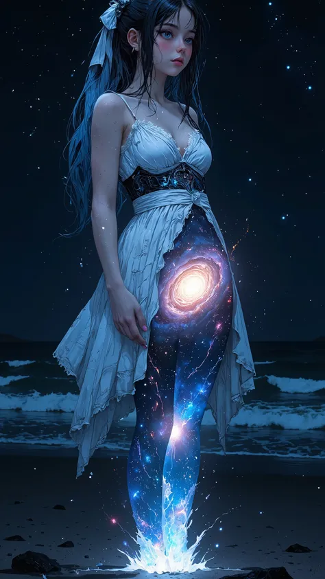 A beautiful girl wearing a white dress stands alone on the beach at night,
her whole body is glowing dimly white,
the inside of her torso is a pitch black universe in which a spiral galaxy slowly rotates,
a beautiful girl with a galaxy inside her body,
the...