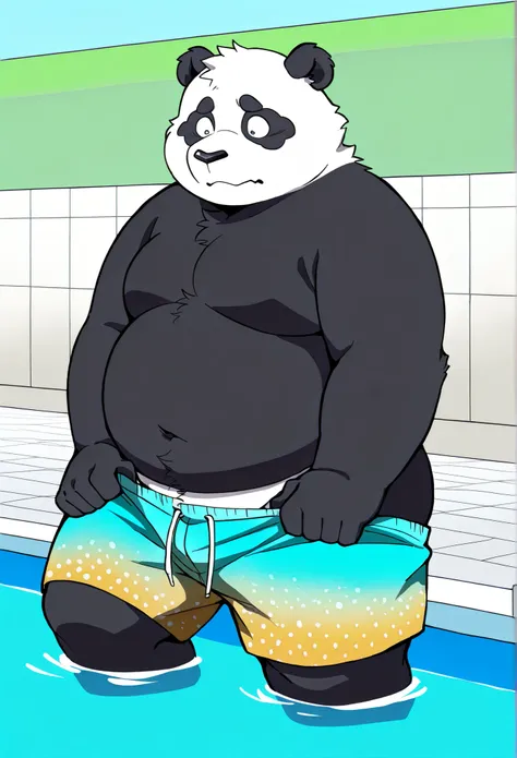 Score_9, Score_8_up, Score_7_up,  masterpiece, highest quality, high res, anime style, Moritaka,  1 boy ,  male focus， Very nice, masterpiece,Best Quality, tax benefit ratio ,newest,high res,어처구니없는,Detailed Background，Chubby ， male，panda，Swimming trunks ，T...