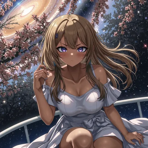 One Girl Staring at the Galaxy +goddess +What defies the laws of physics +Textured Brown Skin +[Toned Arms、solo、Cosmic Microwave Background Radiation with a Beautiful Glow、(kogyaru)+Crazy Expression