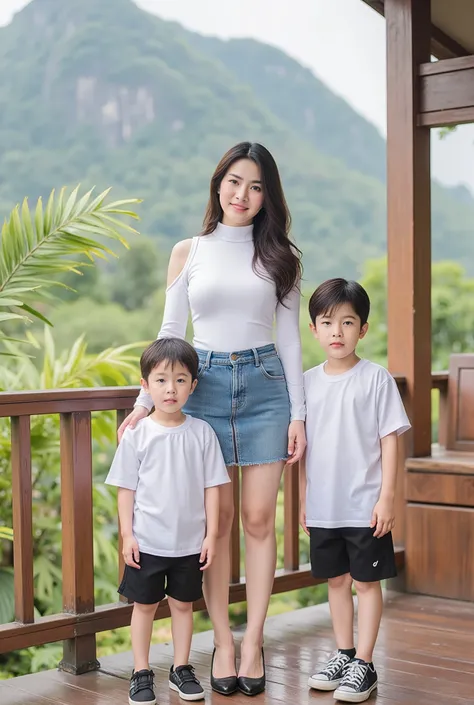 Create an Indonesian family photo, with the following description; Mother, 30 years old, 162 cm tall, beautiful, long wavy straight layer black brown hair cut, slim body, medium breasts, forward breasts, wearing a white turtleneck with cut sleeves. Short j...