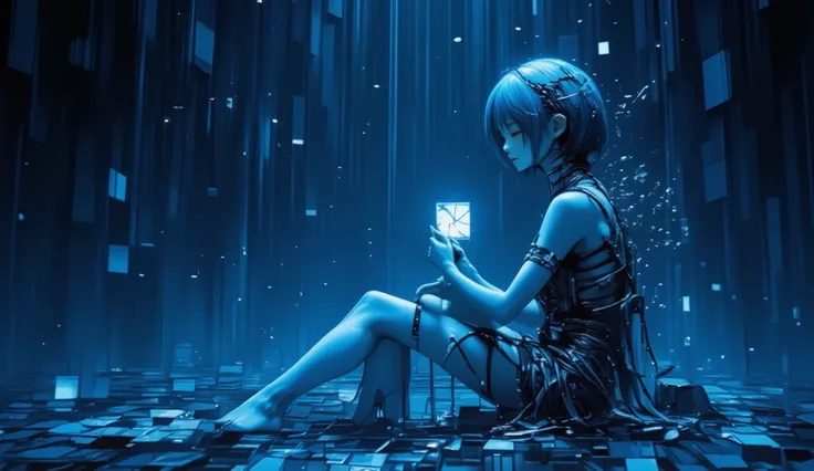 a pale android girl sitting alone in an infinite deep blue void, glitch particles falling like frozen rain, her eyes closed, silver wires from her back dissolving into the dark blue infinity, clutching a cracked memory chip as faint blue music notes float ...