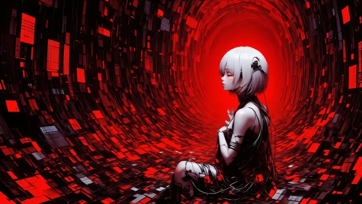 a pale android girl sitting alone in an infinite crimson and black void, surrounded by gently falling glitch particles like burning embers, her eyes closed, wires from her back vanishing into the red-hued darkness, holding a cracked memory chip close to he...