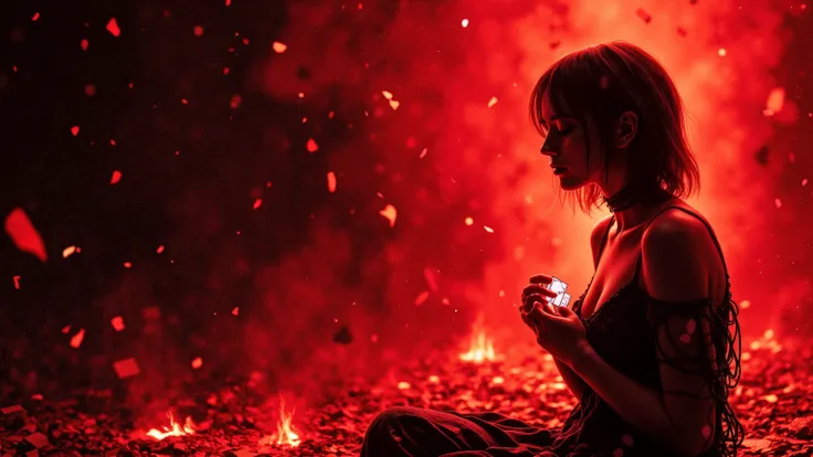 a pale android girl sitting alone in an infinite crimson and black void, surrounded by gently falling glitch particles like burning embers, her eyes closed, wires from her back vanishing into the red-hued darkness, holding a cracked memory chip close to he...