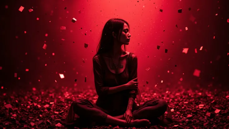 a pale android girl sitting alone in an infinite crimson and black void, surrounded by gently falling glitch particles like burning embers, her eyes closed, wires from her back vanishing into the red-hued darkness, holding a cracked memory chip close to he...