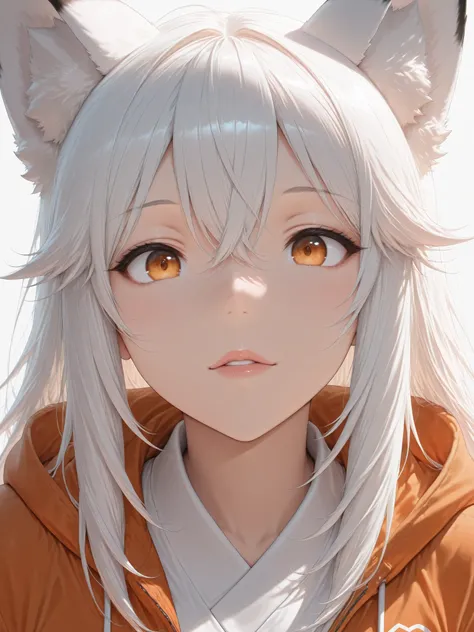 ((Best Quality)),( super high definition),(Super detailed),( detailed description ),((The best CG)),(masterpiece),(fox girl, orange color costume,reversed. White color),white background,(extreme close-up shot)