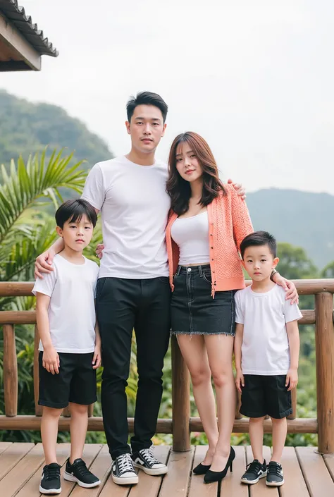 Create an Indonesian family photo, with the following description; Father, 34 years old, 169 tall, handsome man, short middle parted hair stylish, wearing a white t-shirt tight body, short black jeans, Sneakers black. Mother, 30 years old, 162 cm tall, bea...